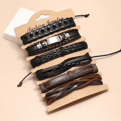 DRIFTWOOD WRAP - 6 Pcs Genuine Braided Leather Bracelet Set for Men & Boys (8 inch) — Leather Bracelet for Men | THE MEN THING