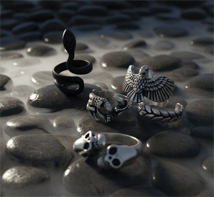 DUST DEVIL COLLECTIVE Collector's 5-Piece Symbolic Rings Set – RATTLER, LARIAT, DEMONCLAW, GRIMHUG, & SKYSOAR Alloy Ring for Mens and Boys - THE MEN THING