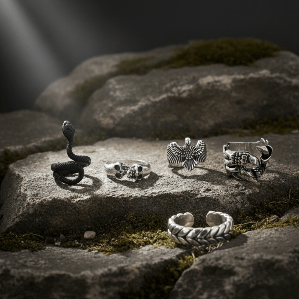 DUST DEVIL COLLECTIVE Collector's 5-Piece Symbolic Rings Set – RATTLER, LARIAT, DEMONCLAW, GRIMHUG, & SKYSOAR Alloy Ring for Mens and Boys - THE MEN THING