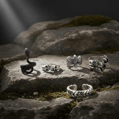 DUST DEVIL COLLECTIVE Collector's 5-Piece Symbolic Rings Set – RATTLER, LARIAT, DEMONCLAW, GRIMHUG, & SKYSOAR Alloy Ring for Mens and Boys - THE MEN THING