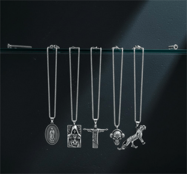 Dark Icons 5-Piece Pendant Pack – Skullbeat, Hidden Devil, Reedemer, Jesus Card, & Tiger King Necklaces with 24 Inch Stainless Steel Chain for Mens and Boys