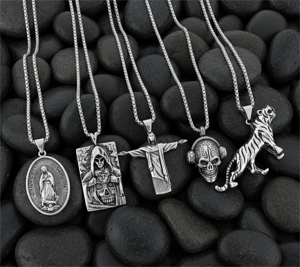 Dark Icons 5-Piece Pendant Pack – Skullbeat, Hidden Devil, Reedemer, Jesus Card, & Tiger King Necklaces with 24 Inch Stainless Steel Chain for Mens and Boys - THE MEN THING
