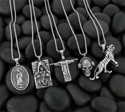Dark Icons 5-Piece Pendant Pack – Skullbeat, Hidden Devil, Reedemer, Jesus Card, & Tiger King Necklaces with 24 Inch Stainless Steel Chain for Mens and Boys - THE MEN THING