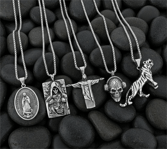 Dark Icons 5-Piece Pendant Pack – Skullbeat, Hidden Devil, Reedemer, Jesus Card, & Tiger King Necklaces with 24 Inch Stainless Steel Chain for Mens and Boys - THE MEN THING