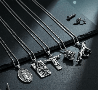 Dark Icons 5-Piece Pendant Pack – Skullbeat, Hidden Devil, Reedemer, Jesus Card, & Tiger King Necklaces with 24 Inch Stainless Steel Chain for Mens and Boys - THE MEN THING