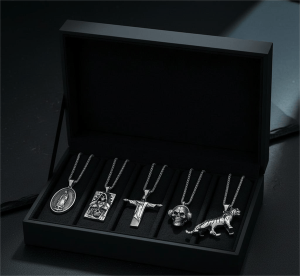 Dark Icons 5-Piece Pendant Pack – Skullbeat, Hidden Devil, Reedemer, Jesus Card, & Tiger King Necklaces with 24 Inch Stainless Steel Chain for Mens and Boys