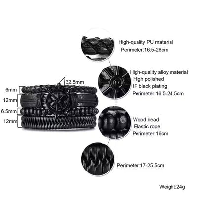 Darkwave Cuff - 4 Pcs Genuine Braided Leather Bracelet Set for Men & Boys (8 inch) - THE MEN THING