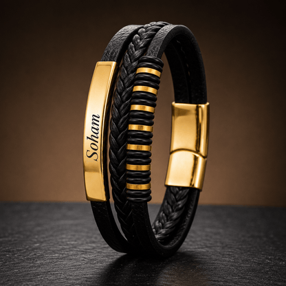 ENGRAVED - RAVEN RINGS BLACK - Black Leather Bracelet for Men & Boys (8 inch)