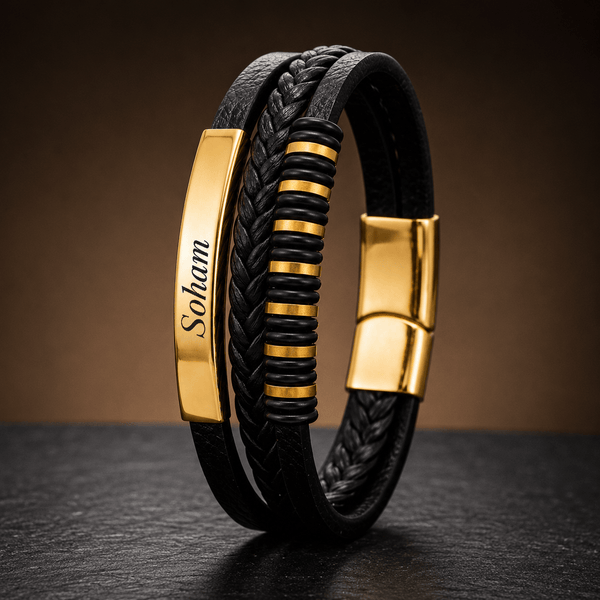 ENGRAVED - RAVEN RINGS BLACK - Black Leather Bracelet for Men & Boys (8 inch)
