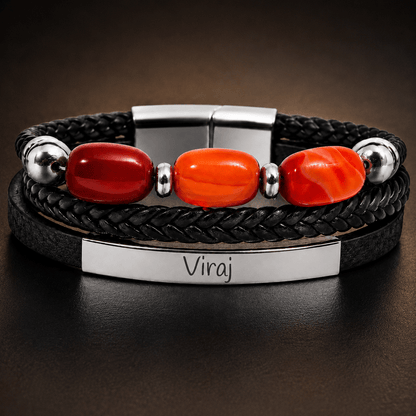 ENGRAVED - CRIMSON TRIO BLACK - 22mm Genuine Leather Multi-Layer Bracelet with Stainless Steel Magnetic Buckle for Men & Boys (8 inch)