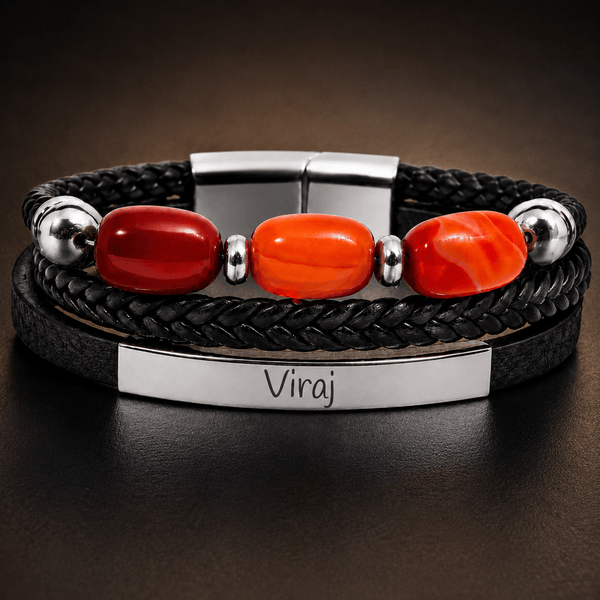 ENGRAVED - CRIMSON TRIO BLACK - 22mm Genuine Leather Multi-Layer Bracelet with Stainless Steel Magnetic Buckle for Men & Boys (8 inch)
