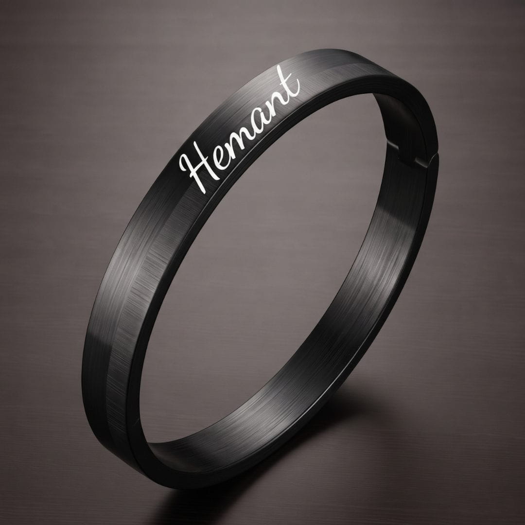 ENGRAVED - NIGHTLINE BLACK - Pure Stainless Steel Bangle Bracelet (Adjustable) for Men & Boys, Color: Black