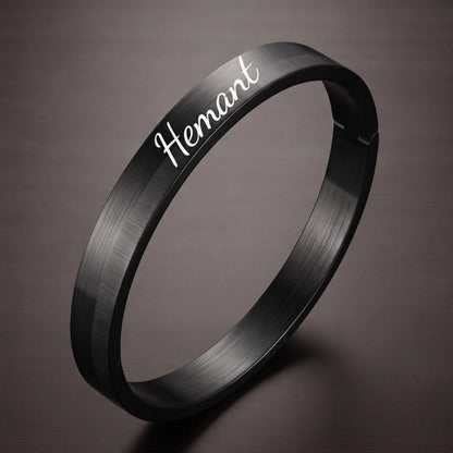 ENGRAVED - NIGHTLINE BLACK - Pure Stainless Steel Bangle Bracelet (Adjustable) for Men & Boys, Color: Black