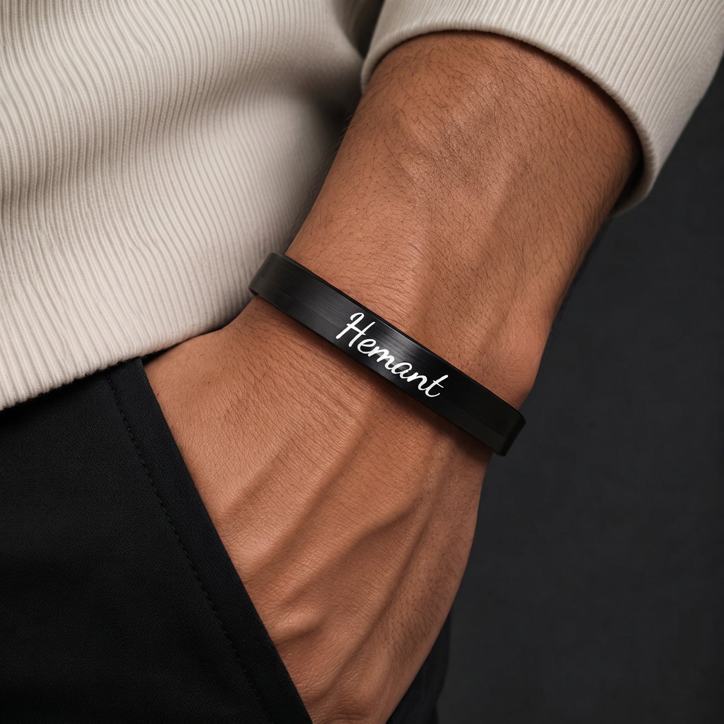 ENGRAVED - NIGHTLINE BLACK - Pure Stainless Steel Bangle Bracelet (Adjustable) for Men & Boys, Color: Black