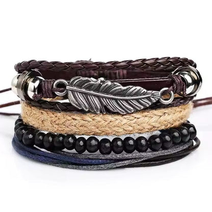 EAGLE FEATHER CUFF  -  6 Pcs Genuine Braided Leather Bracelet Set for Men & Boys (8 inch) - THE MEN THING