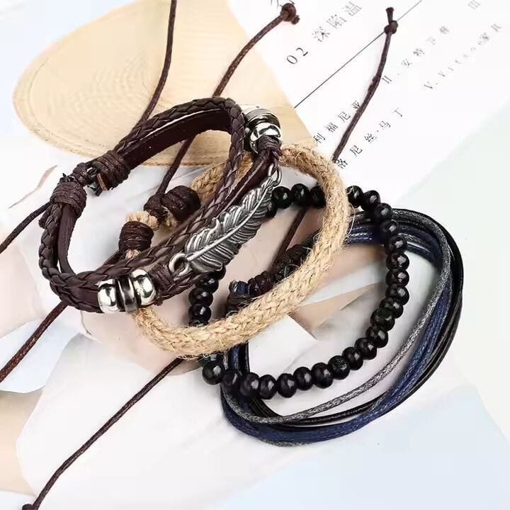 EAGLE FEATHER CUFF  -  6 Pcs Genuine Braided Leather Bracelet Set for Men & Boys (8 inch) - THE MEN THING