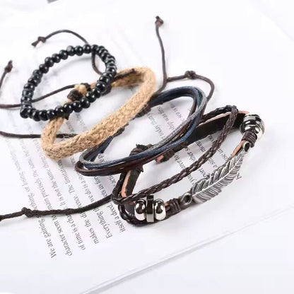 EAGLE FEATHER CUFF  -  6 Pcs Genuine Braided Leather Bracelet Set for Men & Boys (8 inch) - THE MEN THING
