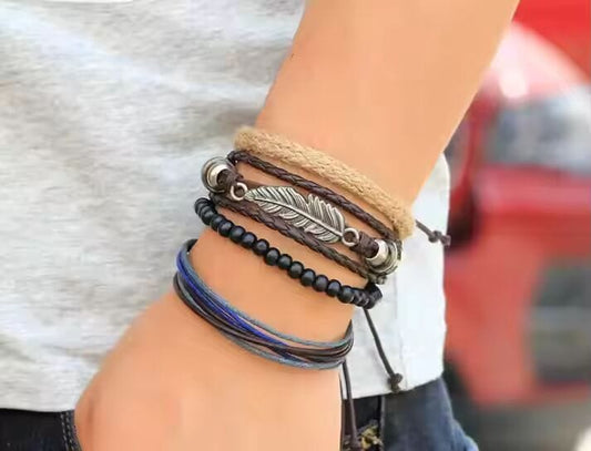 EAGLE FEATHER CUFF  -  6 Pcs Genuine Braided Leather Bracelet Set for Men & Boys (8 inch) - THE MEN THING