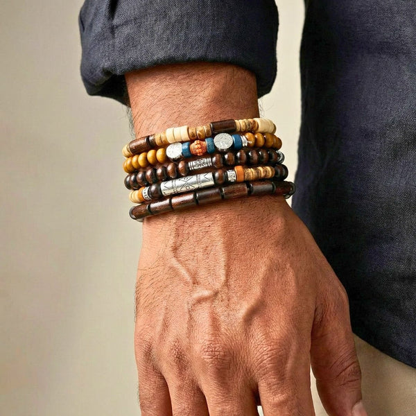 EARTHBORN SENTINEL - 5 Pcs Genuine Beads Adjustable Bracelet Set for Men & Boys