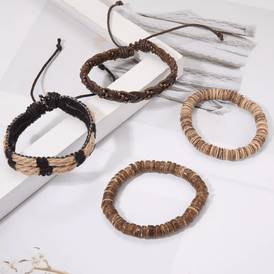 EARTHBOUND CUFFS - 4 Pcs Brown Genuine Braided Leather Bracelet Set for Men & Boys (8 inch) — Leather Bracelet for Men | THE MEN THING