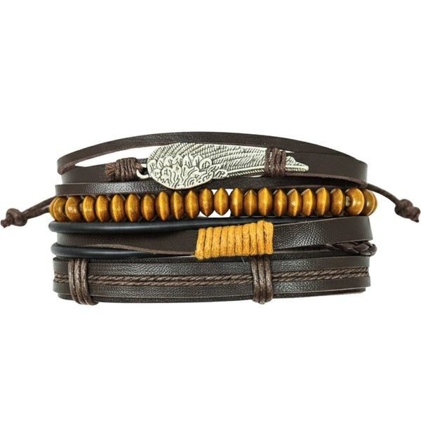 EARTHBOUND FEATHER - 4 Pcs Genuine Leather Adjustable Bracelet Set for Men & Boys (8 inch)