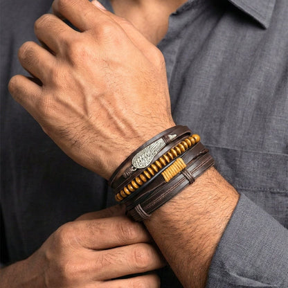 EARTHBOUND FEATHER - 4 Pcs Genuine Leather Adjustable Bracelet Set for Men & Boys (8 inch) - THE MEN THING