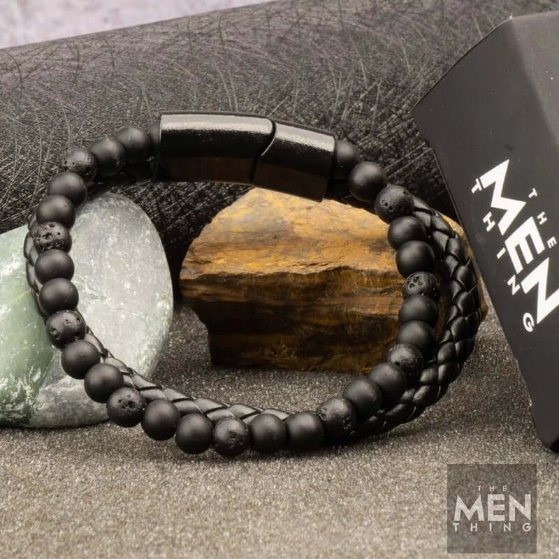 EBONY DUO -  European Style Genuine Leather Bracelet with Multi-Layer Braided, 100% Stainless Steel Magnetic Buckle for Men & Boys (7 inch) - THE MEN THING