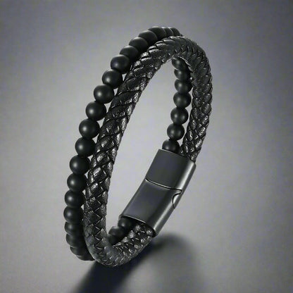 EBONY DUO -  European Style Genuine Leather Bracelet with Multi-Layer Braided, 100% Stainless Steel Magnetic Buckle for Men & Boys (7 inch) - THE MEN THING