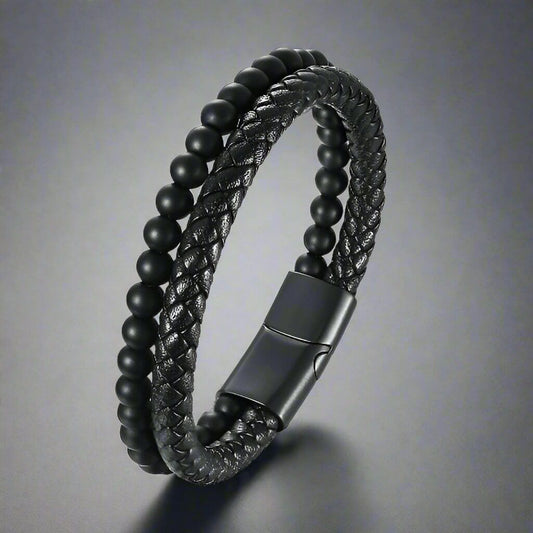 EBONY DUO -  European Style Genuine Leather Bracelet with Multi-Layer Braided, 100% Stainless Steel Magnetic Buckle for Men & Boys (7 inch) - THE MEN THING