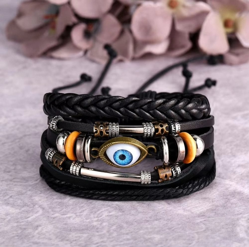ECLIPSE EYE LEATHER BRACELET - 3 Pcs Genuine Braided Leather Bracelet Set for Men & Boys (8 inch) - THE MEN THING