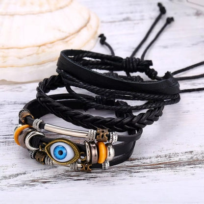 ECLIPSE EYE LEATHER BRACELET - 3 Pcs Genuine Braided Leather Bracelet Set for Men & Boys (8 inch) - THE MEN THING