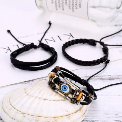 ECLIPSE EYE LEATHER BRACELET - 3 Pcs Genuine Braided Leather Bracelet Set for Men & Boys (8 inch) - THE MEN THING