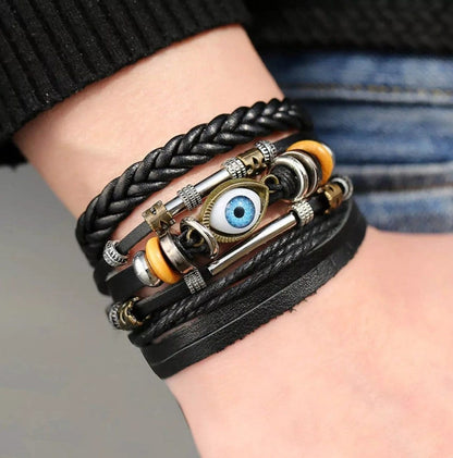 ECLIPSE EYE LEATHER BRACELET - 3 Pcs Genuine Braided Leather Bracelet Set for Men & Boys (8 inch) - THE MEN THING