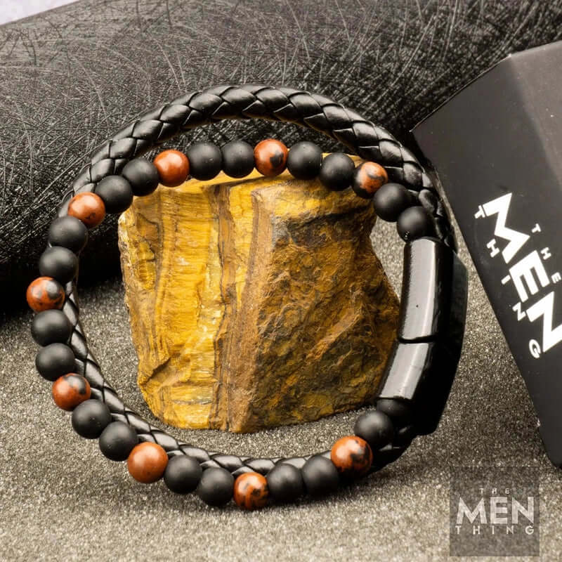 ECLIPSE SAND - European Style Genuine Leather Bracelet with Multi-Layer Braided, 100% Stainless Steel Magnetic Buckle for Men & Boys (7 inch) - THE MEN THING