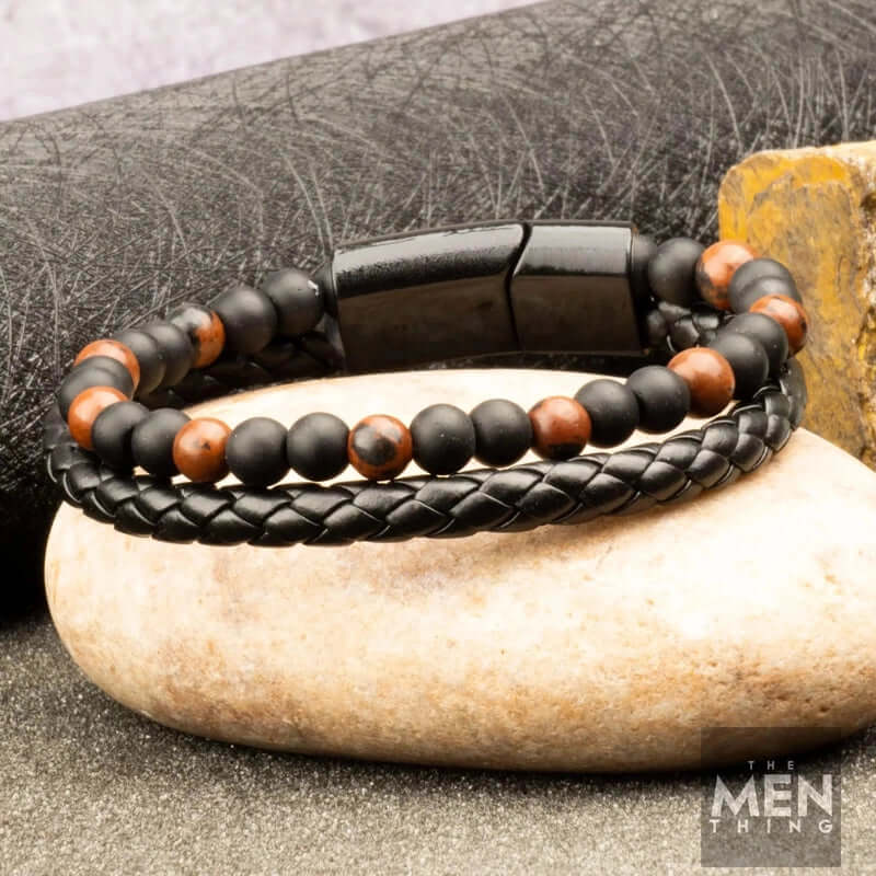 ECLIPSE SAND - European Style Genuine Leather Bracelet with Multi-Layer Braided, 100% Stainless Steel Magnetic Buckle for Men & Boys (7 inch) - THE MEN THING