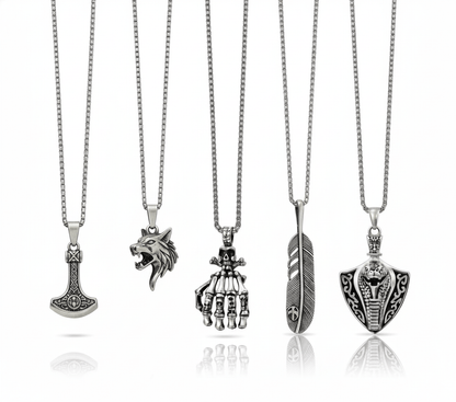 EDGE OF THE WILD 5-in-1 Men's Statement Pendant Set – VIKING BATTLE AXE, WATCHING WOLF, COBRA THE KING, LUSH, & SKELEHAND Necklaces on 24 Inch Stainless Steel Chain for Mens and Boys - THE MEN THING