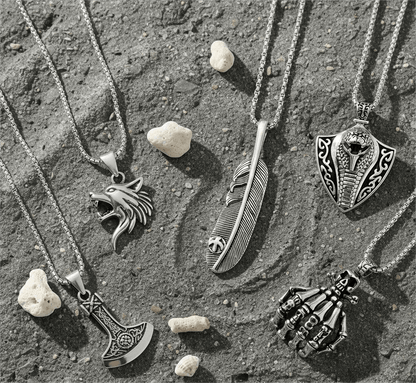 EDGE OF THE WILD 5-in-1 Men's Statement Pendant Set – VIKING BATTLE AXE, WATCHING WOLF, COBRA THE KING, LUSH, & SKELEHAND Necklaces on 24 Inch Stainless Steel Chain for Mens and Boys - THE MEN THING