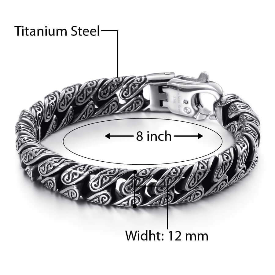 EGYPTIAN ANKH - 12mm Pure Titanium Steel Bracelet, Curb Chain Bracelet with Lobster Claw Buckle for Men & Boy (8inch) - THE MEN THING