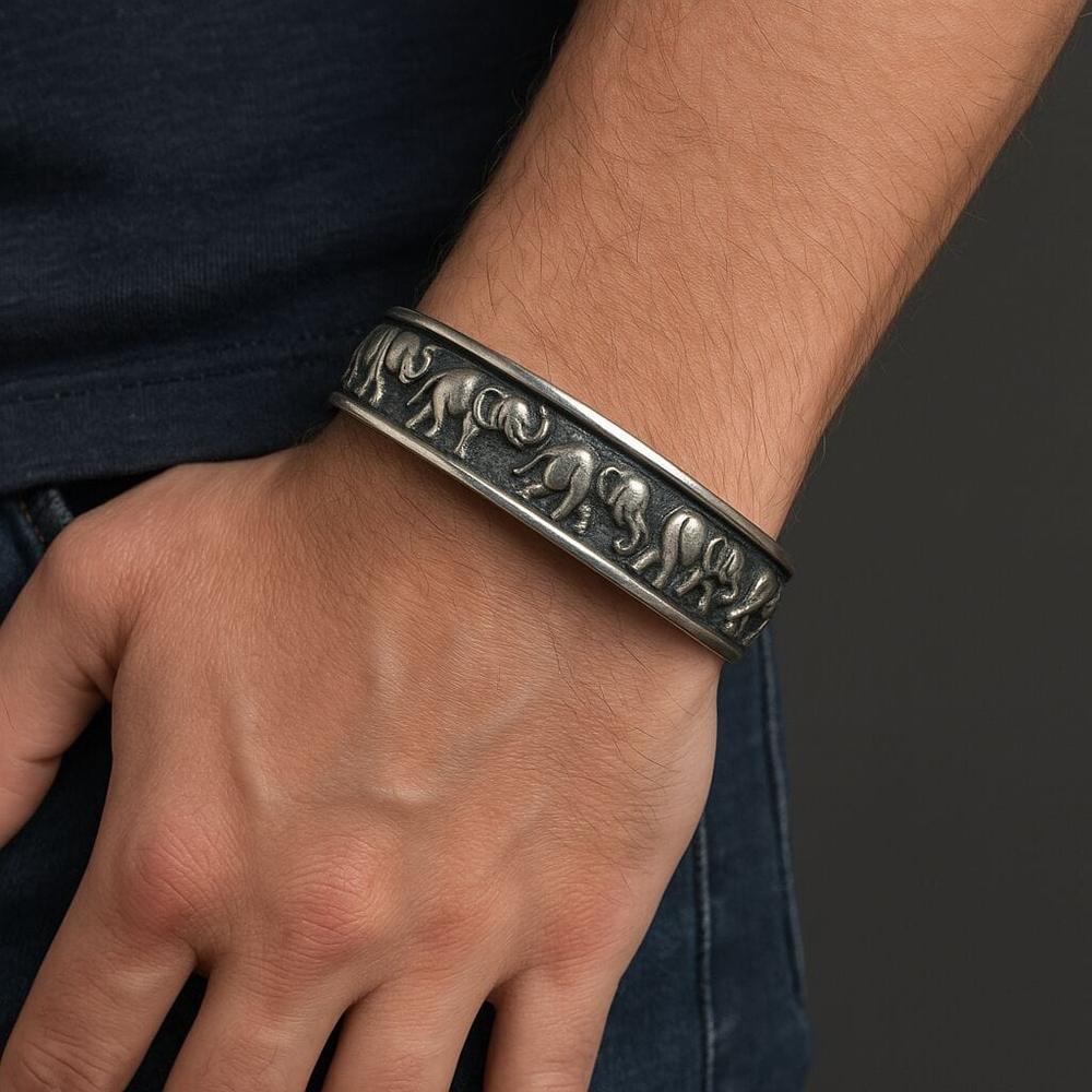 ELEPHANT GRACE - Pure Stainless Steel Open Bangle Bracelet (Adjustable) for Men & Boys - THE MEN THING