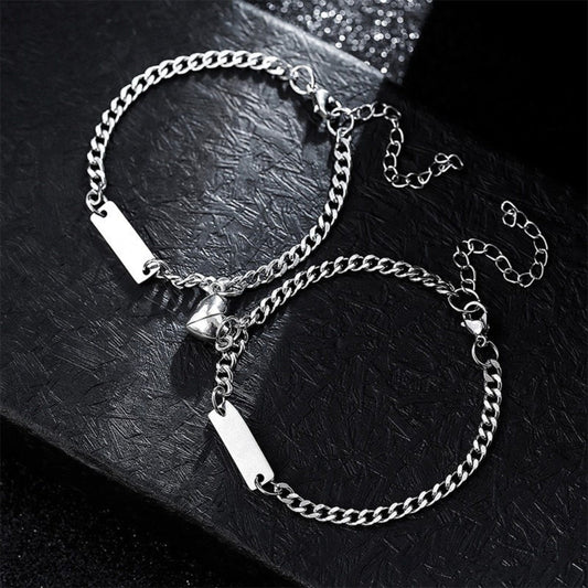 ENGRAVED - TWIN HEART MAGNET - Pure Stainless Steel with Lobster Clasp for Couples Bracelet (8inch) - THE MEN THING