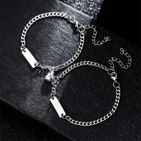 ENGRAVED - TWIN HEART MAGNET - Pure Stainless Steel with Lobster Clasp for Couples Bracelet  (8inch)
