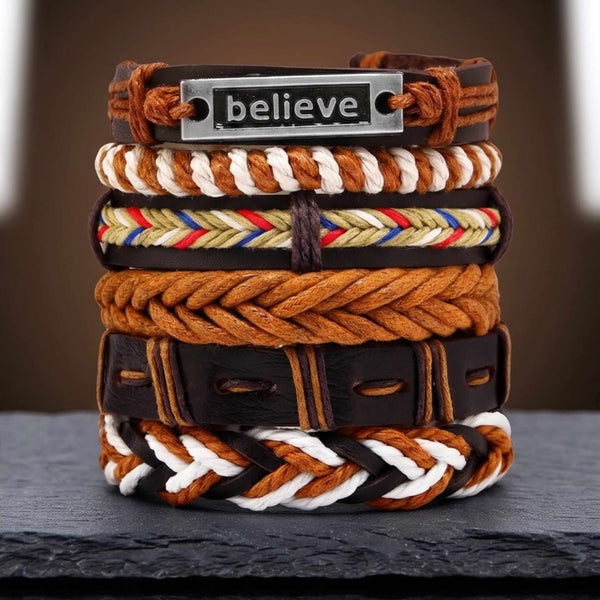 ETHNO BELIEVE - 6 Pcs Genuine Leather Adjustable Bracelet for Men & Boys