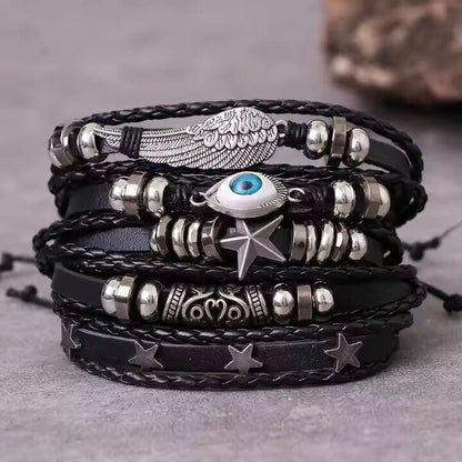 EVOKNIGHT -  5 Pcs Genuine Braided Leather Bracelet Set for Men & Boys (8 inch) - THE MEN THING