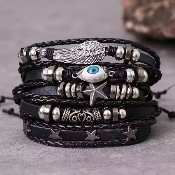 EVOKNIGHT -  5 Pcs Genuine Braided Leather Bracelet Set for Men & Boys (8 inch)