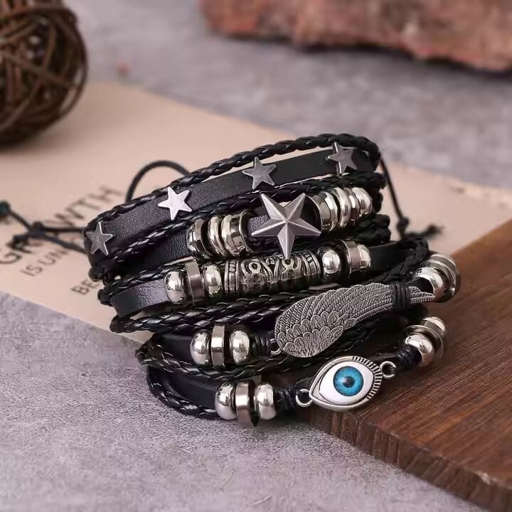 EVOKNIGHT -  5 Pcs Genuine Braided Leather Bracelet Set for Men & Boys (8 inch) - THE MEN THING
