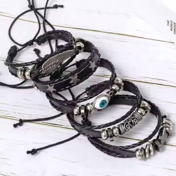 EVOKNIGHT -  5 Pcs Genuine Braided Leather Bracelet Set for Men & Boys (8 inch) - THE MEN THING