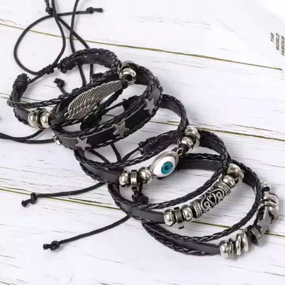 EVOKNIGHT -  5 Pcs Genuine Braided Leather Bracelet Set for Men & Boys (8 inch) - THE MEN THING