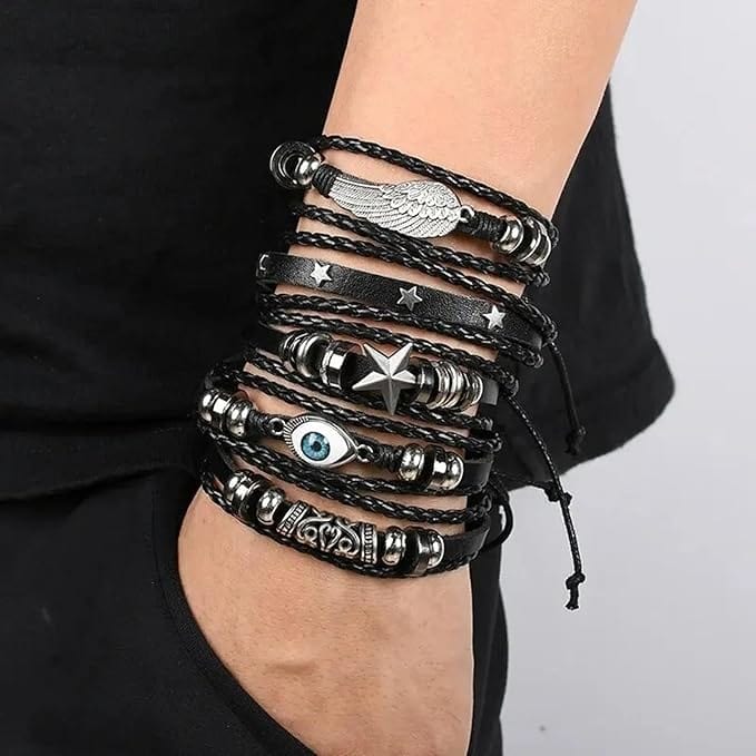 EVOKNIGHT -  5 Pcs Genuine Braided Leather Bracelet Set for Men & Boys (8 inch) - THE MEN THING