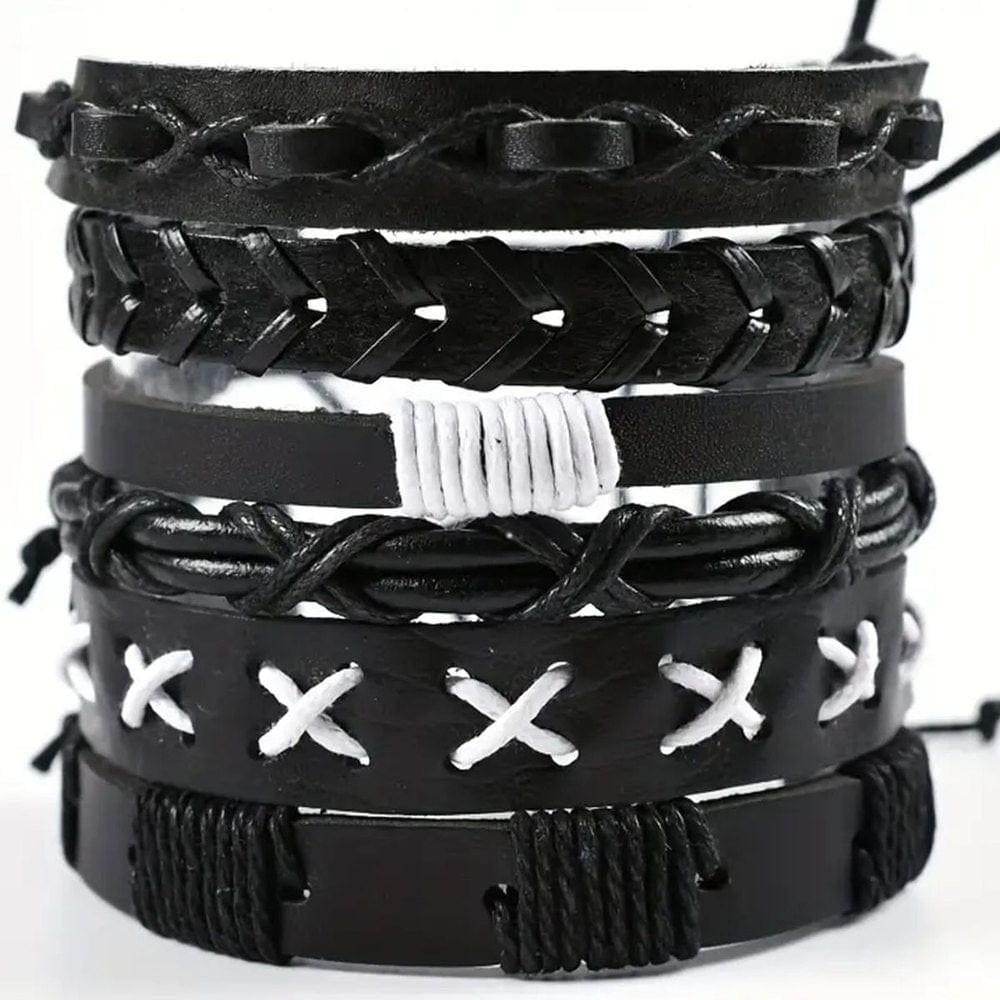 EVOLVE BAND - 6 Pcs Genuine Braided Leather Bracelet Set for Men & Boys (8 inch) - THE MEN THING