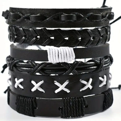 EVOLVE BAND - 6 Pcs Genuine Braided Leather Bracelet Set for Men & Boys (8 inch) - THE MEN THING